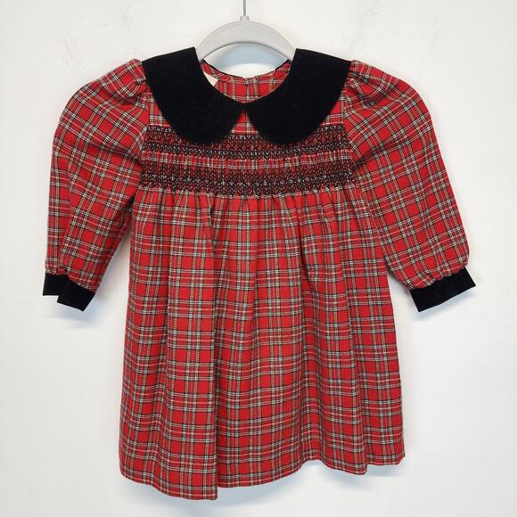 Vintage Bonnie Jean Red Plaid Christmas Dress Girls 3T Velvet Collar Smocked - Picture 1 of 7